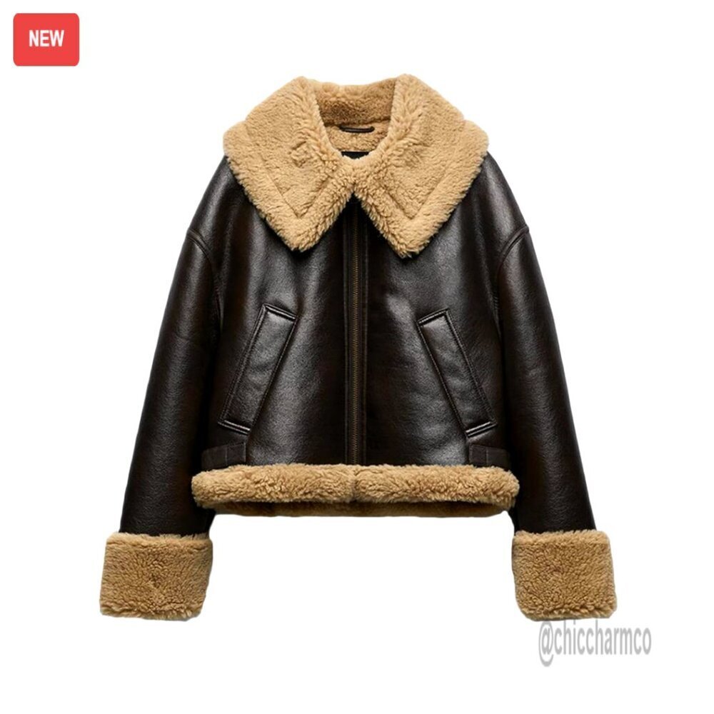 Faux Leather Jacket with Faux Fur Lining Warm Winter Biker Coat
